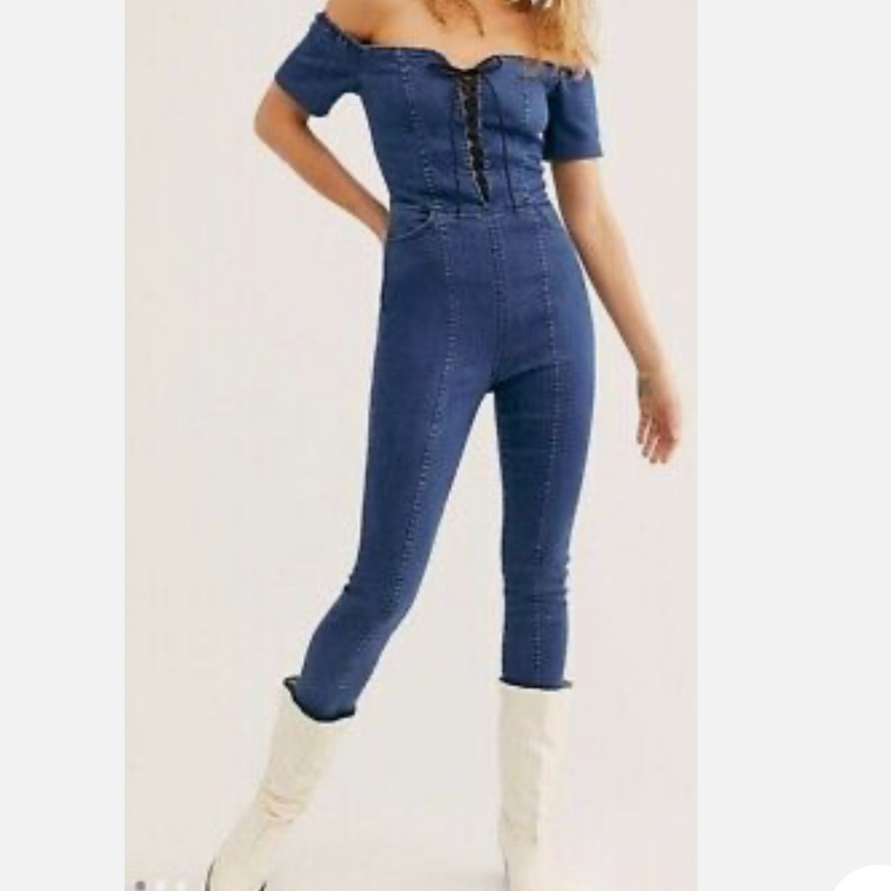 3x1 Camille Lace Up Denim Skinny Jumpsuit Simone Blue NWOT